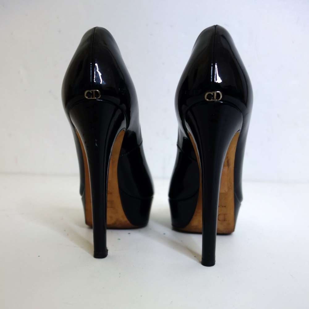 Christian Dior Pumps CD Logo Open Toe Stilettos Patent Leather Euro 34
